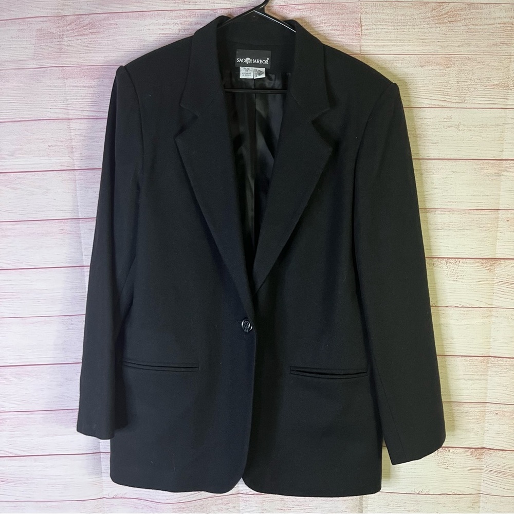 Sag Harbor Black 100% Pure Wool One Button Closure Blazer Size 14
